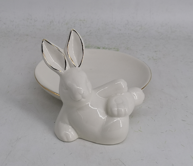 Porta objeto, coelho deitado de porcelana branco/dourado- 9 cm